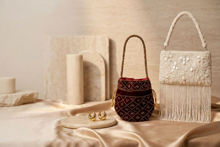 Burgundy velvet potli and ivory beaded fringe bag styled with gold hoop earrings