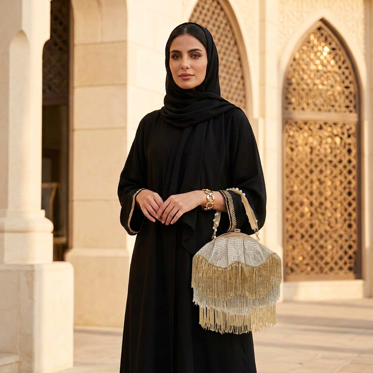 Woman in a black embroidered abaya and shayla carrying a gold and silver tiered fringe evening bag, wearing a gold link bracelet