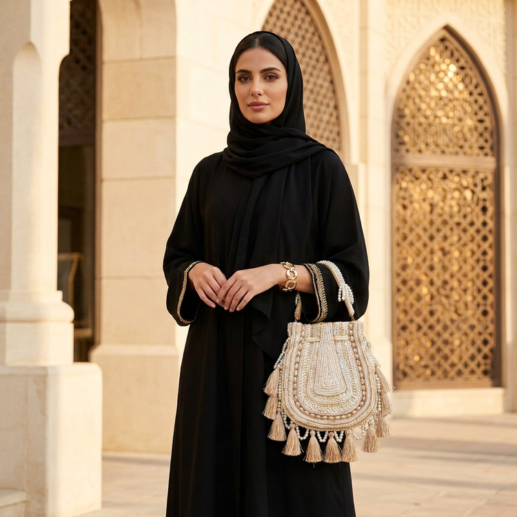 Woman in a black abaya and shayla carrying an ivory pearl and tassel bag beneath carved arches