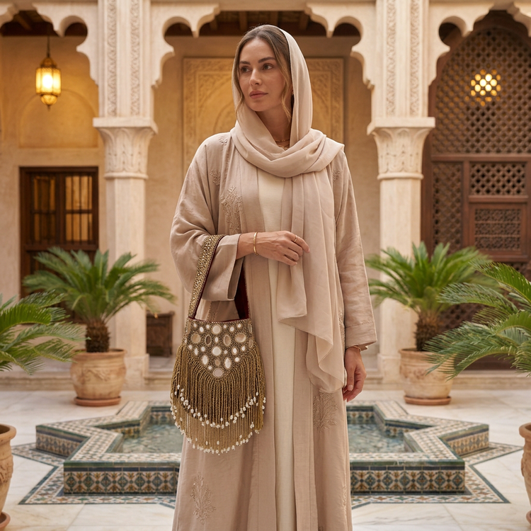 Woman in a sand-beige embroidered abaya carrying a burgundy mirror and beaded fringe bag in a traditional courtyard