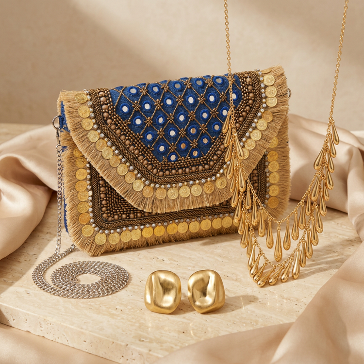 Royal blue mirror and coin fringe clutch styled with a gold teardrop necklace and gold stud earrings
