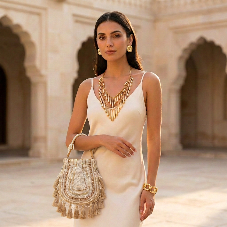Model in an ivory silk dress wearing a gold teardrop necklace, gold stud earrings and a gold link bracelet, carrying an ivory pearl tassel bag