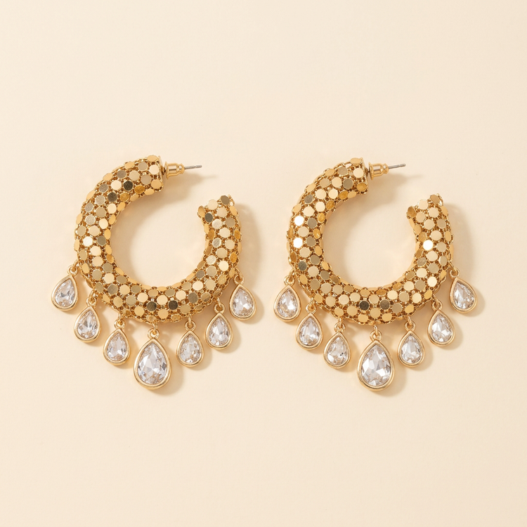 Gold Mesh Crystal Fringe Hoops