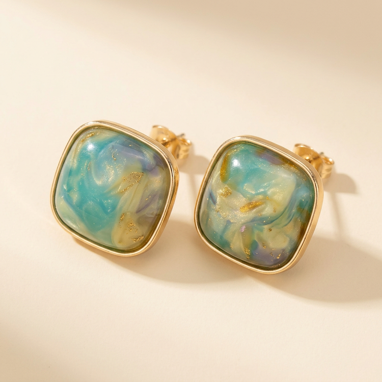 Teal Marbled Gold Stud Earrings